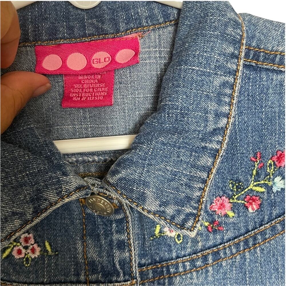 GLO Jeans Short Sleeve Collared Denim Jacket with Floral Trim Blue Multi Size 3T - Picture 5 of 8